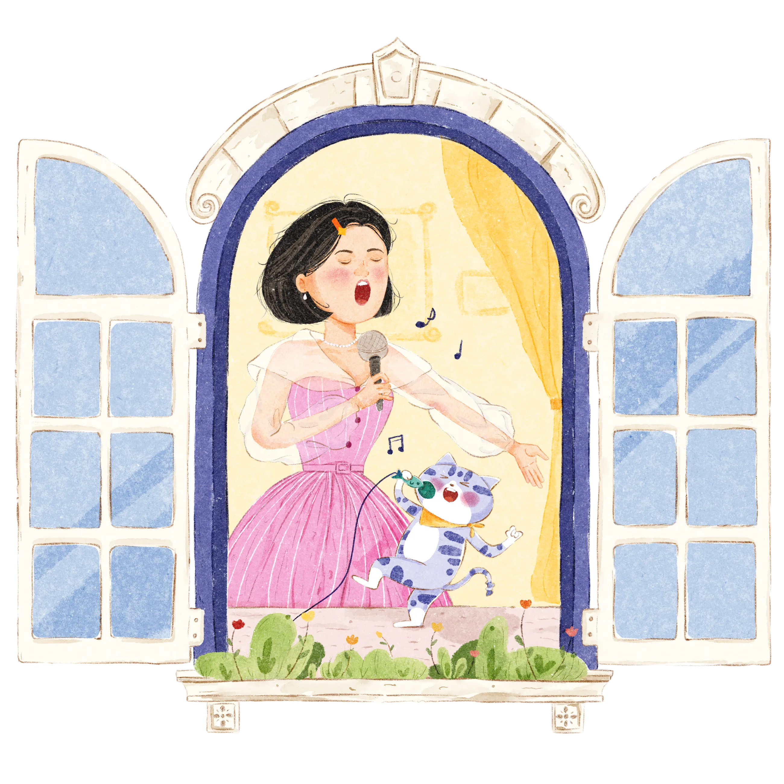 A woman with animals in a hand-drawn window illustration