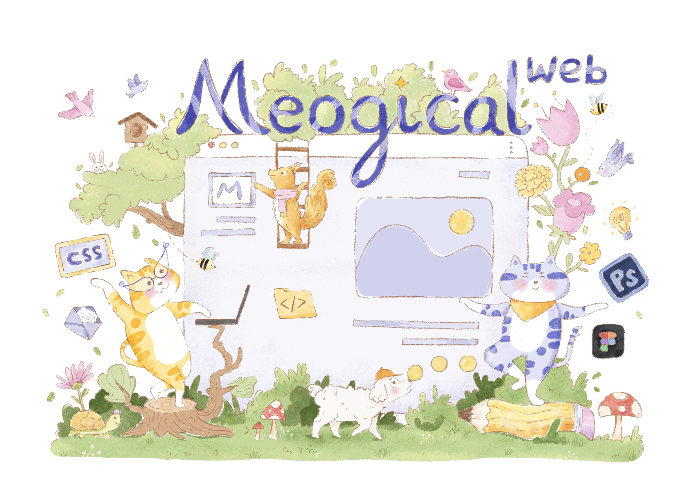 Hand-drawn Meowgical Web scene with cats, flowers, and web design tools
