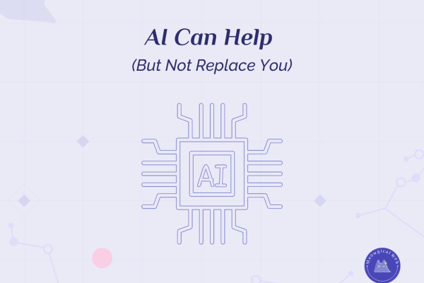 Graphic showing AI chip icon with text reading AI can help but not replace you on a light purple background with network connection lines
