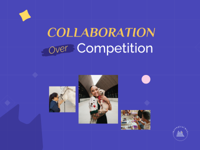 Collaboration over competition graphic showing pet industry professionals including a veterinarian, dog owner, and beauty professional working together