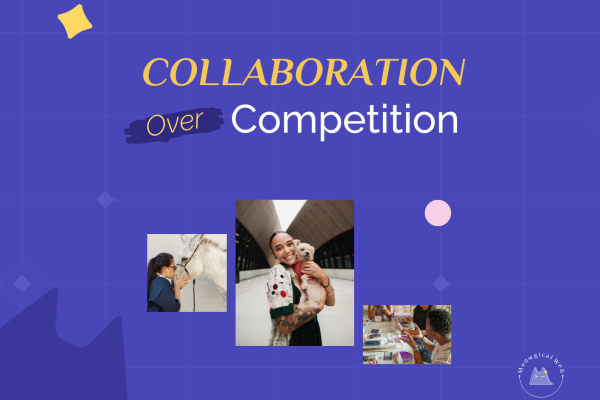 Collaboration over competition graphic showing pet industry professionals including a veterinarian, dog owner, and beauty professional working together