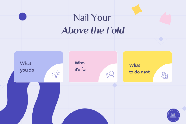 Illustration showing three blocks that explain what to include above the fold: what you do, who it is for, and what to do next.