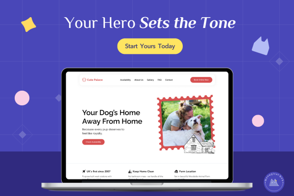 Laptop on a purple background displaying a pet boarding homepage with a warm headline, a friendly dog photo inside a stamp frame, and a clear call to action button. Decorative shapes float around the layout to create a soft and welcoming mood.