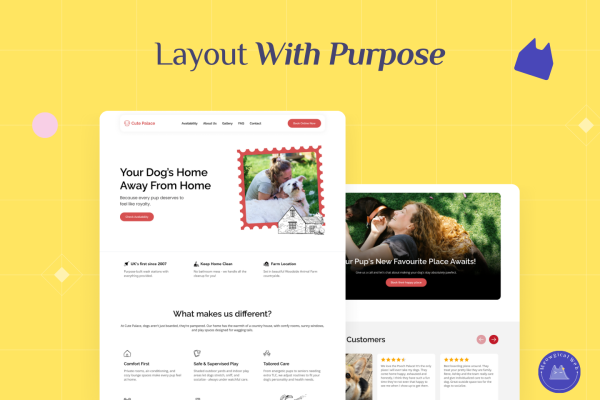 Website layout mockup of a pet care business showing a clear visual hierarchy that guides visitors through key information.