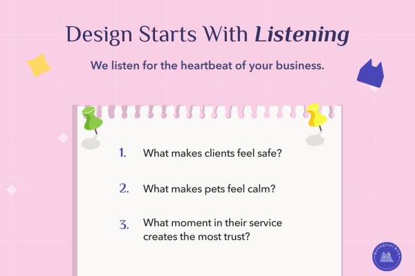A pink note pinned with colorful pushpins displaying three reflective questions about client safety pet calmness and trust: What makes clients feel safe, what makes pets feel calm, what moment in their services create the most trust.
