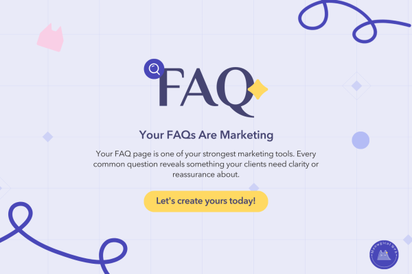 A soft purple graphic with a large FAQ title a small magnifying glass icon and decorative lines highlighting the idea that FAQs are a marketing tool