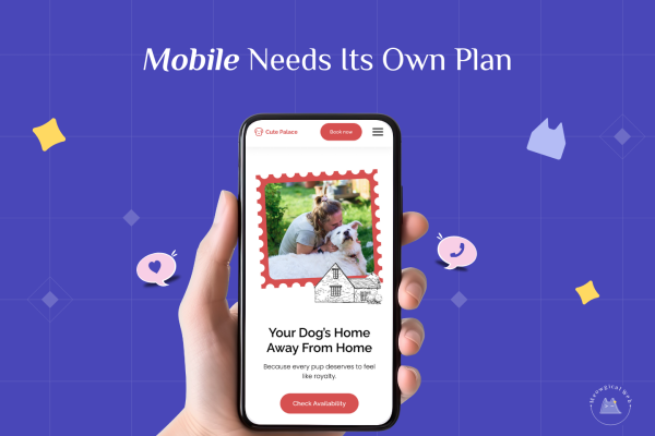 Hand holding a mobile phone showing a pet care website with clear spacing and a simple call to action, demonstrating a mobile friendly layout.