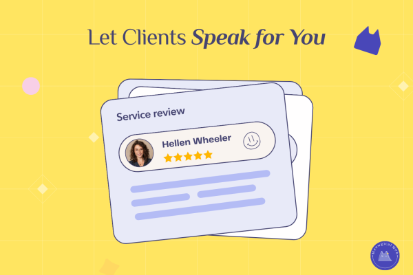 Illustration of review cards showing a client photo, star rating, and service feedback to highlight the value of social proof on pet websites.