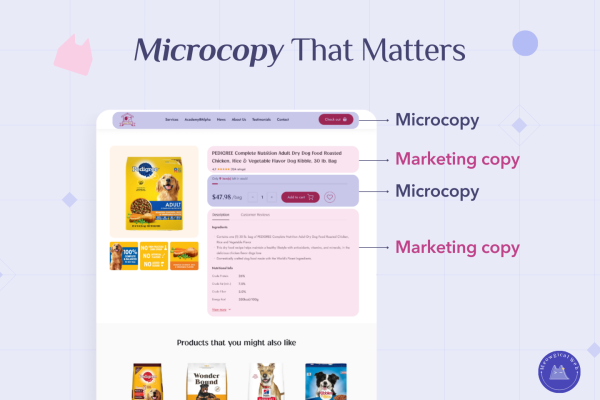 Screenshot of a pet product page showing labels, buttons, and small helper text highlighted as microcopy and marketing copy.
