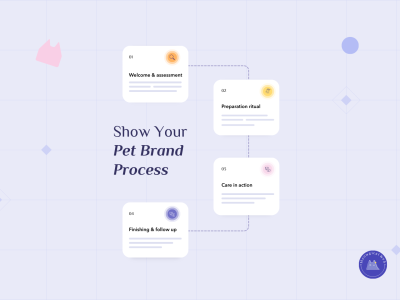 Illustrated process diagram showing four steps of a pet care workflow, including assessment, preparation, care in action, and follow up.