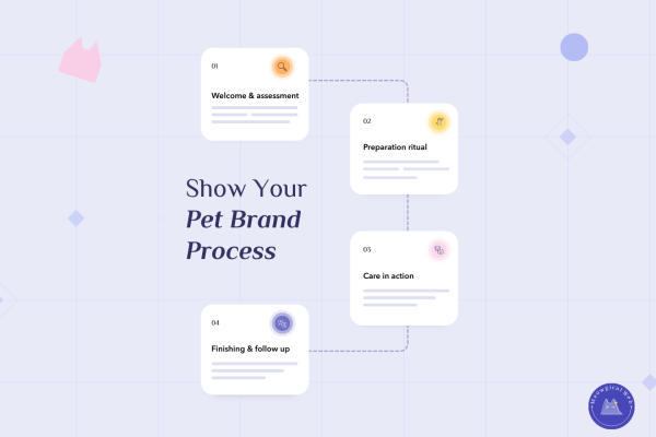 Illustrated process diagram showing four steps of a pet care workflow, including assessment, preparation, care in action, and follow up.