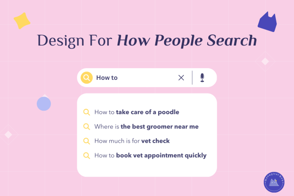 Search bar illustration showing common pet related queries to highlight how websites can match real search habits.