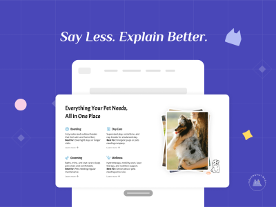 Pet service page layout showing clear sections for services, benefits, and pet suitability on a website mockup.