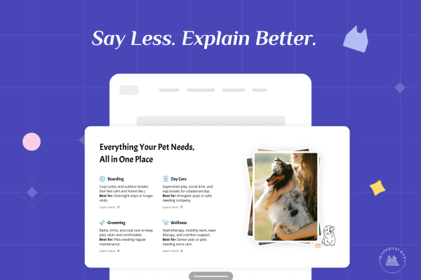 Pet service page layout showing clear sections for services, benefits, and pet suitability on a website mockup.