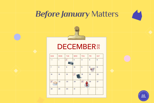 A yellow background with a December calendar clipped at the top, showing marked dates and small icons, used to illustrate planning and preparation before January for pet businesses