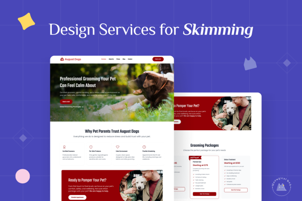 A desktop screen showing a pet grooming website service page with clear sections, large headings, icons, and pricing cards, demonstrating how skimmable design helps pet parents quickly understand services