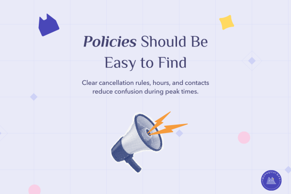 Website design graphic highlighting clear policies for cancellation rules, hours, and contact information.