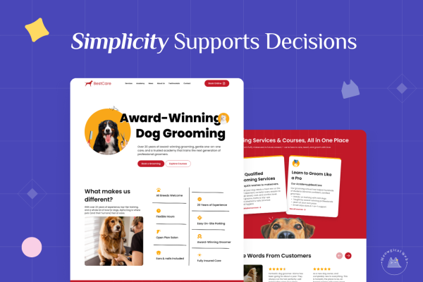 Simplicity supports decisions showing clean pet grooming website layout with clear navigation and services