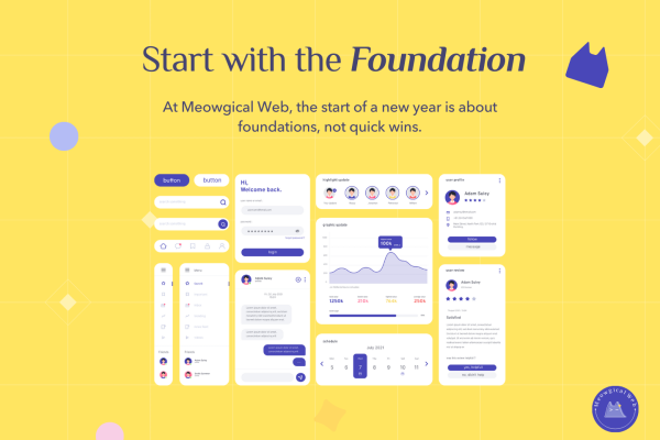 Website foundation elements showing structure and systems on yellow background