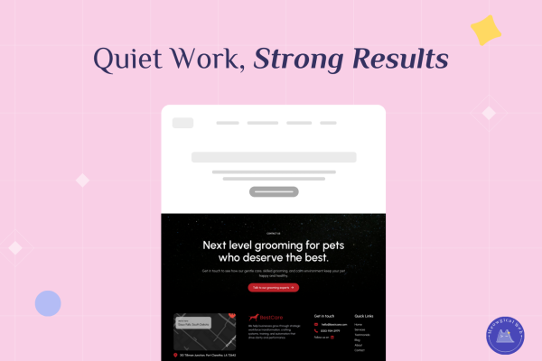 Split screen showing simple clean website layout above detailed pet grooming footer with contact info