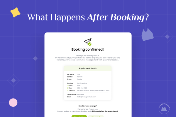 Professional booking confirmation page showing appointment details for pet grooming services with clear next steps