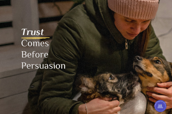 Pet owner gently caring for small dog showing trust and reassurance in pet services