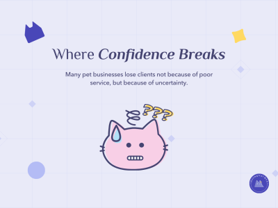 Confused pink cat with question marks showing uncertainty that causes pet business clients to leave