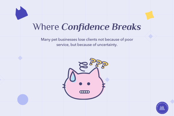 Confused pink cat with question marks showing uncertainty that causes pet business clients to leave