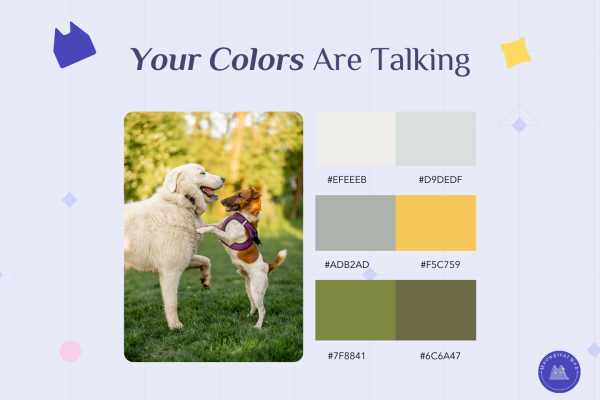 Natural color palette showing calming greens, yellows, and earth tones inspired by dogs playing outdoors