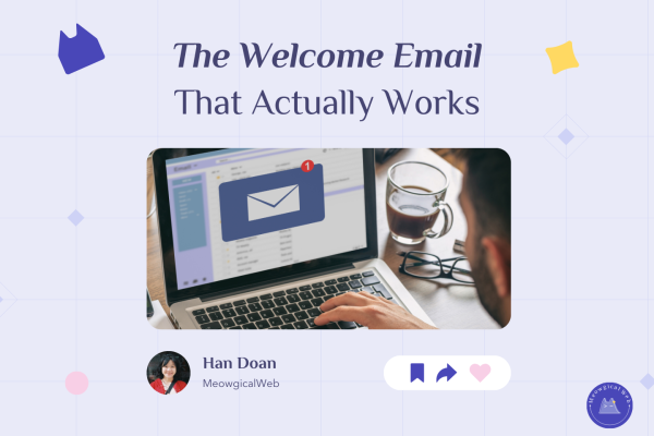 Person viewing welcome email on laptop showing email notification badge and coffee representing personal connection