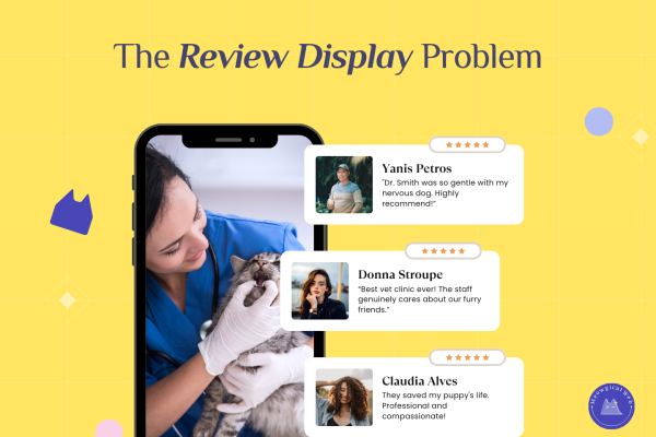 Mobile phone showing pet business review testimonials with client photos and detailed feedback about veterinary care