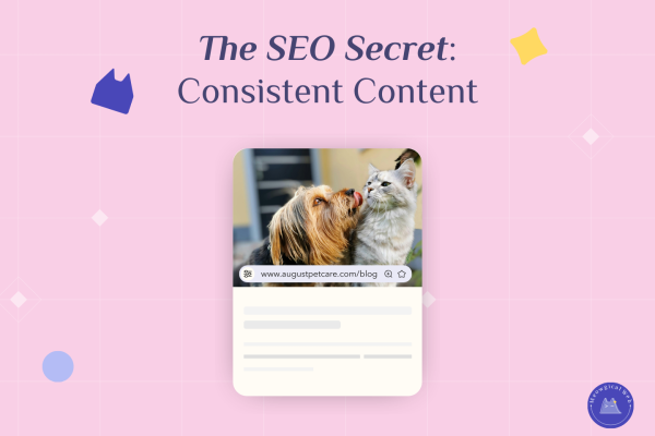 Mobile browser showing pet business blog with cute pet photos demonstrating content marketing strategy