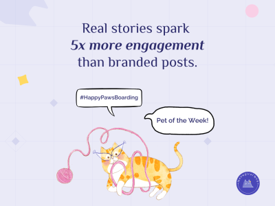 Illustrated cat playing with yarn next to text stating real stories spark five times more engagement than branded posts with Pet of the Week callout