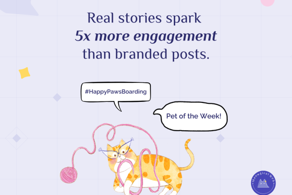 Illustrated cat playing with yarn next to text stating real stories spark five times more engagement than branded posts with Pet of the Week callout