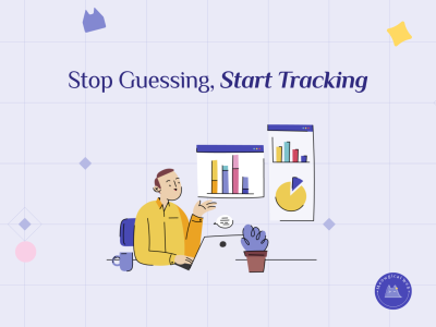 Person reviewing website analytics dashboard with charts and graphs showing marketing tracking data illustration