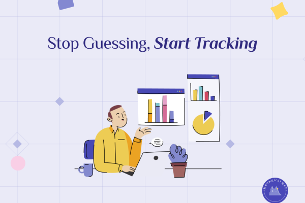 Person reviewing website analytics dashboard with charts and graphs showing marketing tracking data illustration