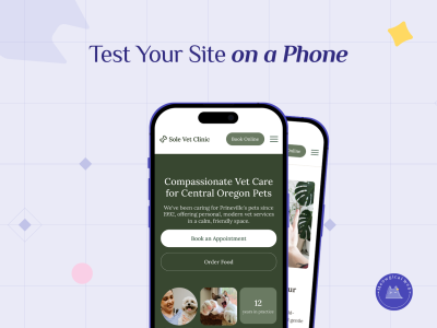 Mobile phone screens showing pet business veterinary clinic website with clear booking buttons demonstrating good mobile user experience
