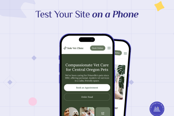 Mobile phone screens showing pet business veterinary clinic website with clear booking buttons demonstrating good mobile user experience