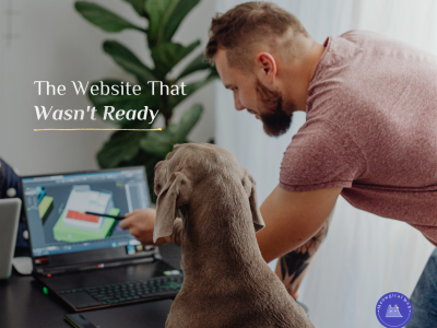 Man with dog looking at computer screen showing website design work representing small business preparing to launch