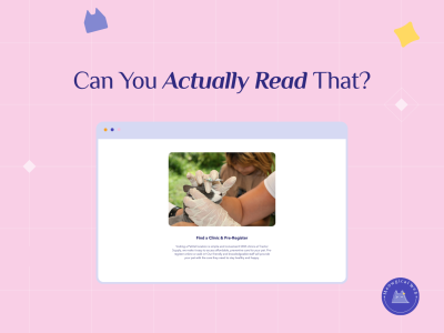 Pet clinic website showing small unreadable text demonstrating poor website readability and design mistakes
