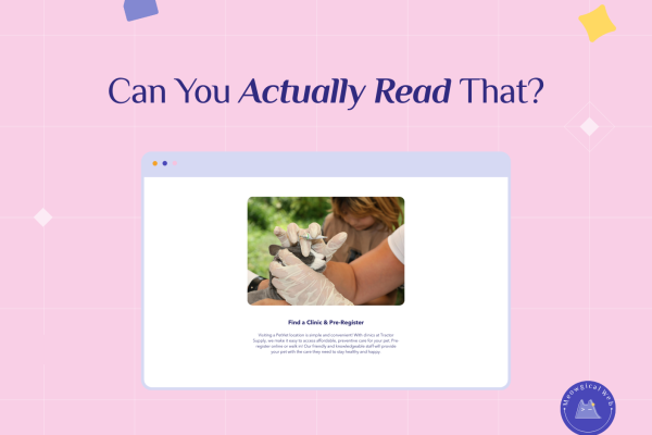 Pet clinic website showing small unreadable text demonstrating poor website readability and design mistakes