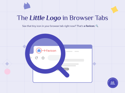Browser tab showing favicon icon location with magnifying glass demonstrating what favicons are and why websites need them