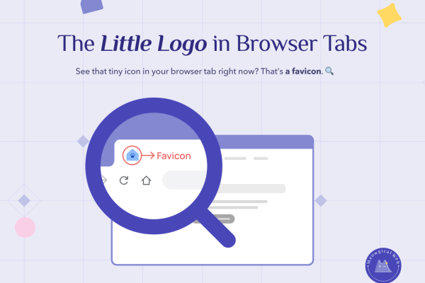 Browser tab showing favicon icon location with magnifying glass demonstrating what favicons are and why websites need them