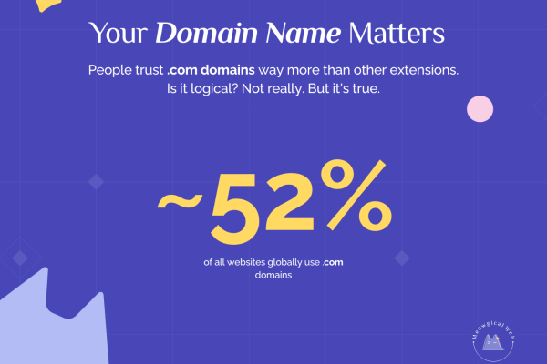 Infographic showing approximately 52 percent of all websites globally use .com domains demonstrating domain name importance