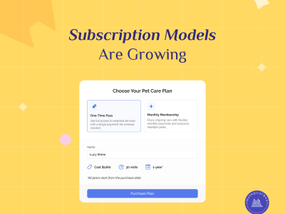 Subscription plan selection screen showing one-time pass and monthly membership options for pet care services with pricing details