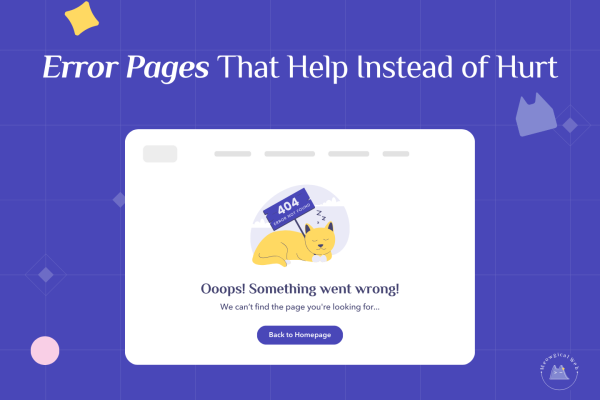 Pet business 404 error page design showing friendly helpful message with cat illustration and back to homepage button