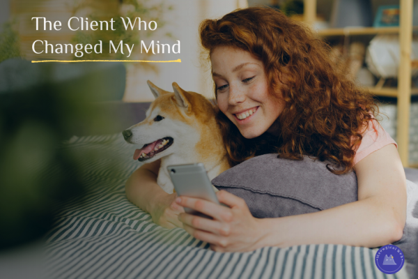 Happy woman with shiba inu dog looking at mobile phone showing positive client experience and testimonial
