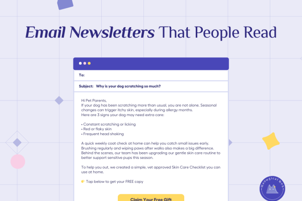Pet business email newsletter example showing helpful dog care content about scratching with value-focused approach