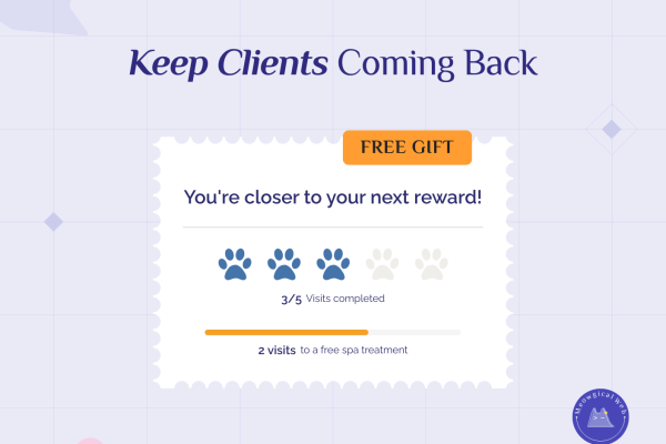 Infographic comparing client acquisition versus retention costs for pet businesses with icons showing 5x cost difference