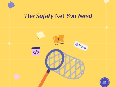 Safety net illustration with website elements like code photos and data representing backup protection for pet business websites